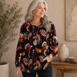 Chicos Womens Paisley Floral Tunic Top Sz 3 XL Black Boho Stretch Long Sleeve
